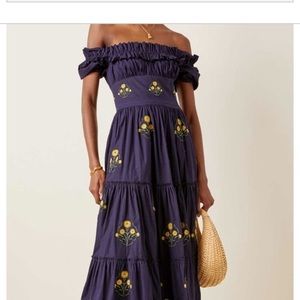 NWT Agua Bendita Azucar Mimosa Maxi Dress Navy Floral Print Embroidered Gown XS